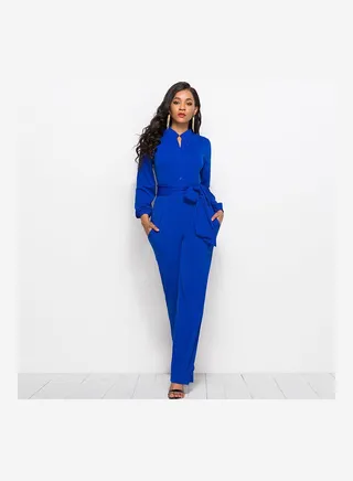 Solid Belted Playsuit Navy Blue 