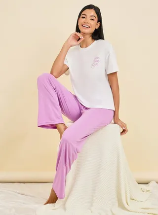 Vibes Mind Life Print T-shirt and Pyjama Set 