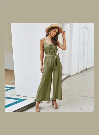 Front Button Solid Jumpsuit Army green 
