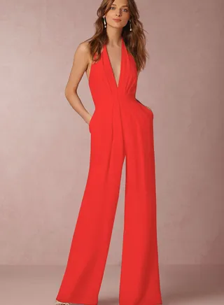 V-neck Jumpsuits Red 