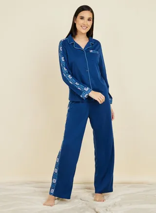 Geo Print Tape Detail Shirt and Pyjama Set 