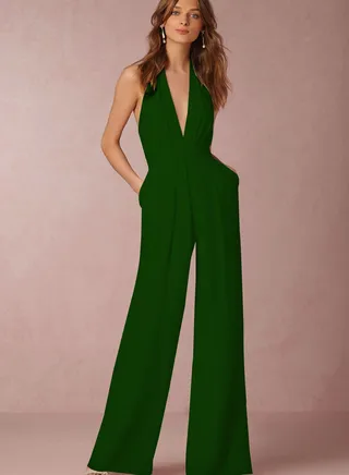 V-neck Jumpsuits Green 