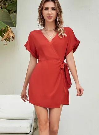 Women's Solid Color Lace-up Jumpsuit Elastic Waist Slimming V-Neck Short-Sleeved Jumpsuit 