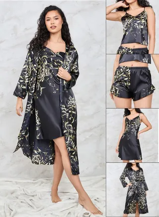 Pack of 4 - Satin Floral Cami, Slipdress, Robe & Shorts