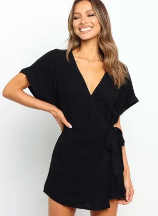 Women's Solid Color Lace-up Jumpsuit Elastic Waist Slimming V-Neck Short-Sleeved Jumpsuit 