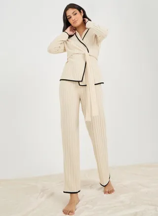 Brushed Rib Piped Edge Tie Front Shirt & Pyjama Set 
