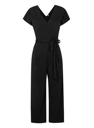 Summer Short-sleeved V-neck Jumpsuit Temperament Casual Black 