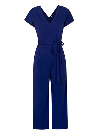 Summer Short-sleeved V-neck Jumpsuit Temperament Casual Blue 
