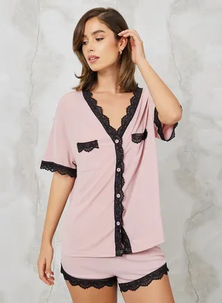 Scallop Lace Edge Pocket Detail Rib Shirt & Shorts Set 
