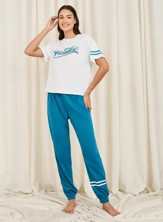 Paradise Print Striped Drop Shoulder Sleeves T-shirt and Cuff Pyjama Set 