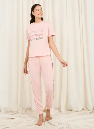 Sunshine Slogan Print Drop Shoulder T-Shirt and Side Striped Cuff Pyjama Set 