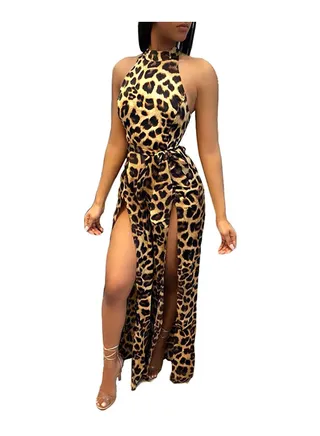 Sleeveless Halterneck Leopard Pattern Split Wide Leg Jumpsuit Multicolour 