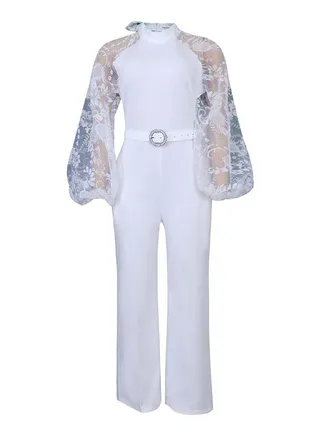 Women's Lantern Sleeve Slim Large Wide Leg Jumpsuit White 