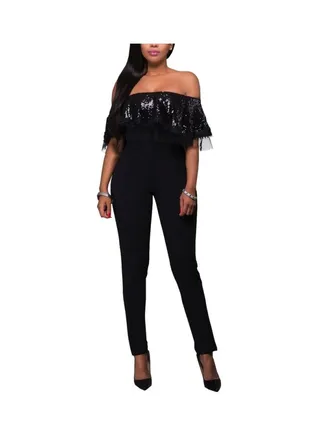 Off-Shoulder Sequin Jumpsuit Black 