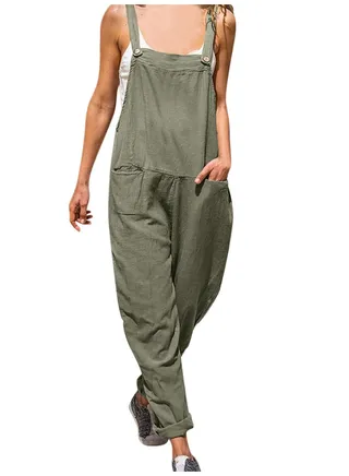Women's Fashion Simple Loose Button Suspender Jumpsuit 