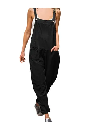 Women's Fashion Simple Loose Button Suspender Jumpsuit 