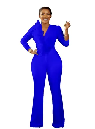 Women's Solid Color Long Sleeve Oversize Jumpsuit Blue 