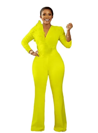 Women's Solid Color Long Sleeve Oversize Jumpsuit Yellow 