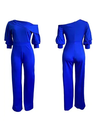 Women's Slim Fitting High Waist Oversize Jumpsuit Blue 