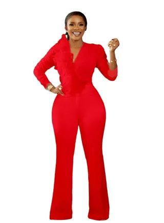 Women's Solid Color Long Sleeve Oversize Jumpsuit Red 