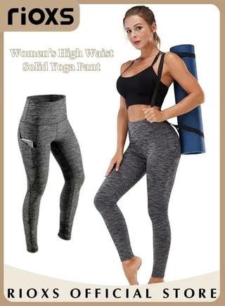 Women's High Waist Solid Yoga Running Pants Tummy Control Fitness Workout Leggings With Pockets For Phone 