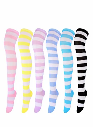 Thigh High Socks, 6 Pairs Striped Over Knee Socks Stripe Stockings Women Long for Daily Wear, Cosplay 