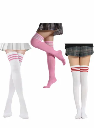 High Thigh Socks 3 Pairs Women Stripe Tube Dresses Over the Knee Long Stockings Cosplay 