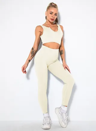 Solid V-neck Bra Tights Sports Set 