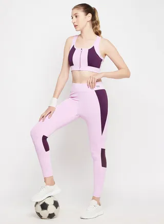Clovia Snug-Fit High-Rise Active Tights In Baby Pink With Side Panels 