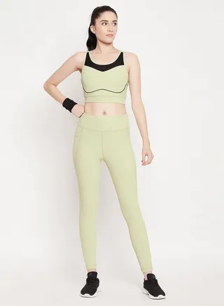 Clovia Snug Fit High-Rise Active Tights In Sage Green 