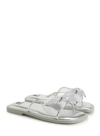 Women's Leather Flat Flatform Mules Decoration With Rhinestones Silver 