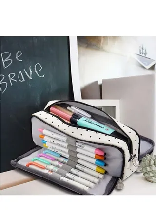 ANGOOBABY Large Pencil Case Big Capacity 3 Compartments Canvas Pencil Pouch for Teen Boys Girls School Students (Black Dot) 