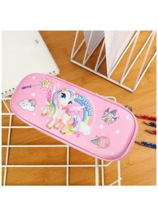 Girls Pencil Case New 3D Cover Large Capacity Pencil Case, Student School Supplies Organizer (Horse and Rainbow(Pink)) 