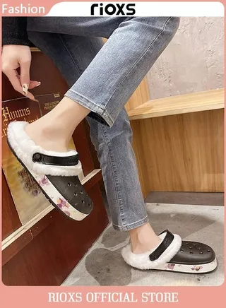 New velvet Crocs for women in autumn and winter warm thick-soled couples indoor and outdoor two-wear cotton slippers for men removable 