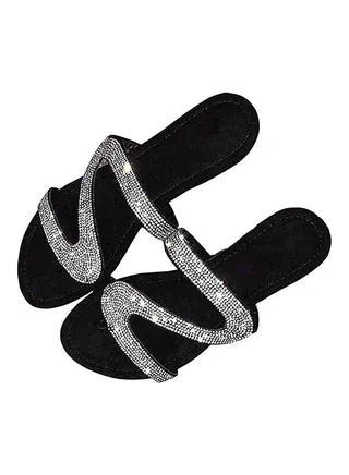 Women Fashion Rhinestone Inlaid Anti-Slip Slippers Silver/Black 