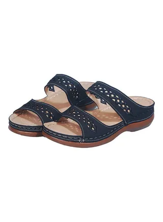 Faux Leather Low Wedge Slippers Blue/Brown 