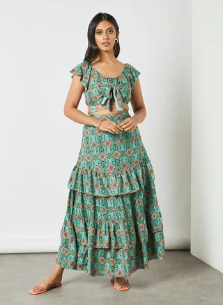 Printed Ruffle Detail Lehenga Sage Green 