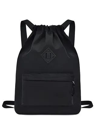 Drawstring Backpack Sports Gym Bag, Nylon Draw Backpack Large Size with Zipper and Front Rear Pocket, Water Resistant String Sackpack for School Swimming Travel Kids Boys Girls Women Men 