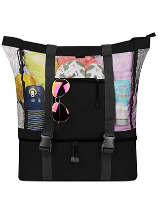 Mesh Beach Tote Bag with Detachable Beach Cooler - Max Capacity 34l 150lbs Ultra Durable for Women, 600D Polyester, Mesh Lining, Zipper Closure, Pvc, Party, Odor-free, Durable Design 