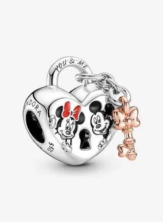 925 Sterling Silver Disney Mickey Mouse & Minnie Mouse Padlock Charm for Pandora Moments Women's Bracelet 780109C01 