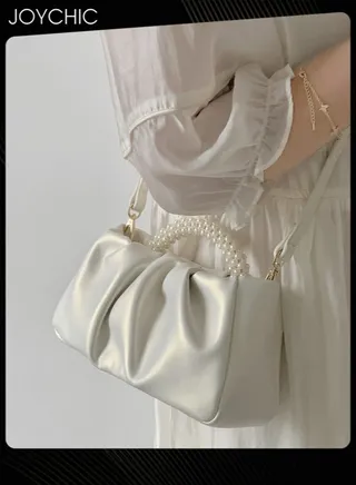 Beatfull Evening Purse Women Pearl Handbags Soft Leather Ruched Bag Bridal Clutch for Wedding Party Prom Crossbody Purses 