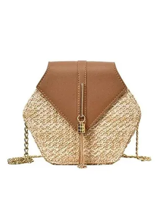 Women Handbag, Straw & Leather Bag, Summer Beach Handbag, Chain Shoulder Ladies Purse, Bohemian Woven Crossbody Bags. 