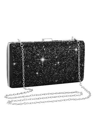 Sparkling Small Clutch Purse for Women's Parties and Weddings | Complete with Detachable Chain | Black 