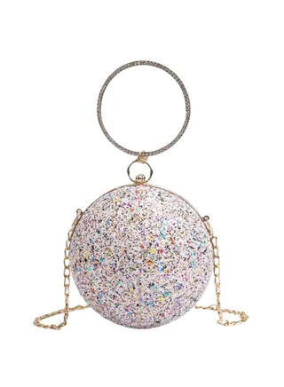 Ball Shape Clutch Purse Party Handbag | Rhinestone Ring Handle Evening Bag | White 