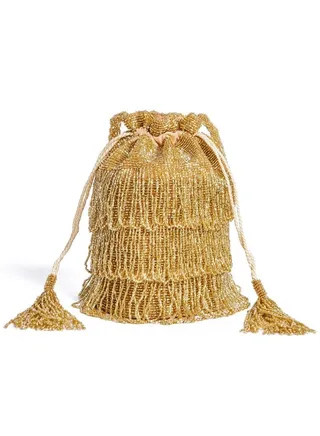 Hand Embellished Vintage Inspired Tassel Bucket Pouch Clutch Purse Bag Gold Wedding Bridal Bridesmaids 1920s Great Gatsby Flapper Art Deco 