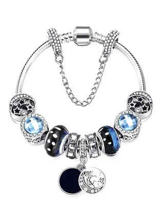 Rhinestone Studded Charm Bracelet Silver/Blue/Black 