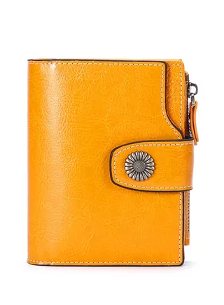 Vintage Yellow Women's Leather Small Wallet RFID Shielded with Zip Pocket 