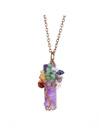 7chakra Amethyst Gemstone Tree of Life Necklace Wire Wrapped Natural Amethyst Rose Quartz Healing Crystal Pointed Pendant Necklace Sword Facted Stone Jewelry for Women Men 