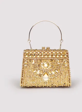 Luxury Gold Hollow Out Flower Inlaid Crystal Gemstone Evening Bag Party Bag Clutch Handbag 