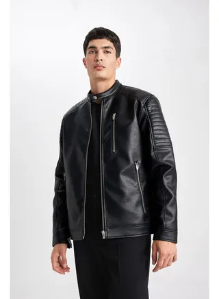 Man Slim Fit Stand- Up Collar Pu Coat 